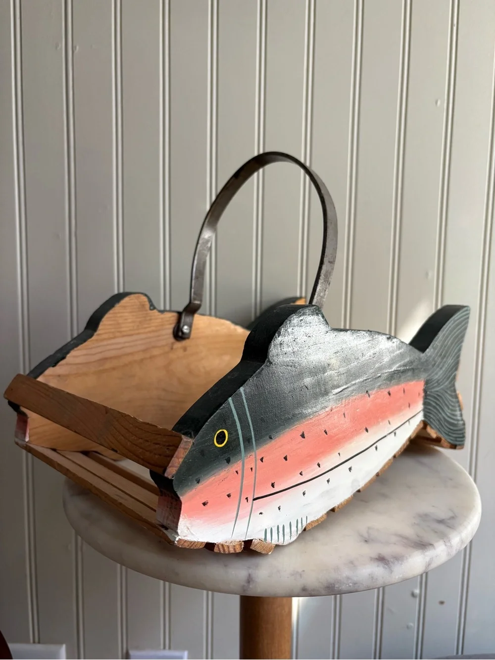 Vintage Handmade Trout Fish Wooden Basket Green & Brown VTG Cabincore Grandpa